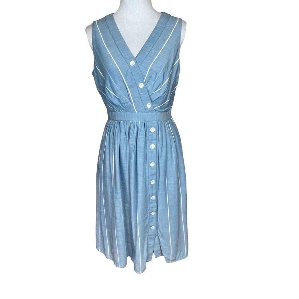 Gal Meets Glam Collection Button Front Surplice Dress Blue With White Stripes Si